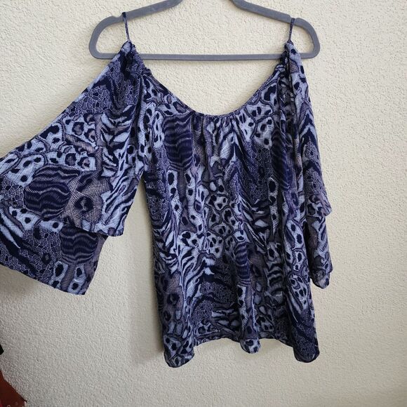 PARKER Mini Dress Cold Shoulder 100% Silk Ruffle Flared Sleeve Abstract Art Blue - Picture 3 of 10